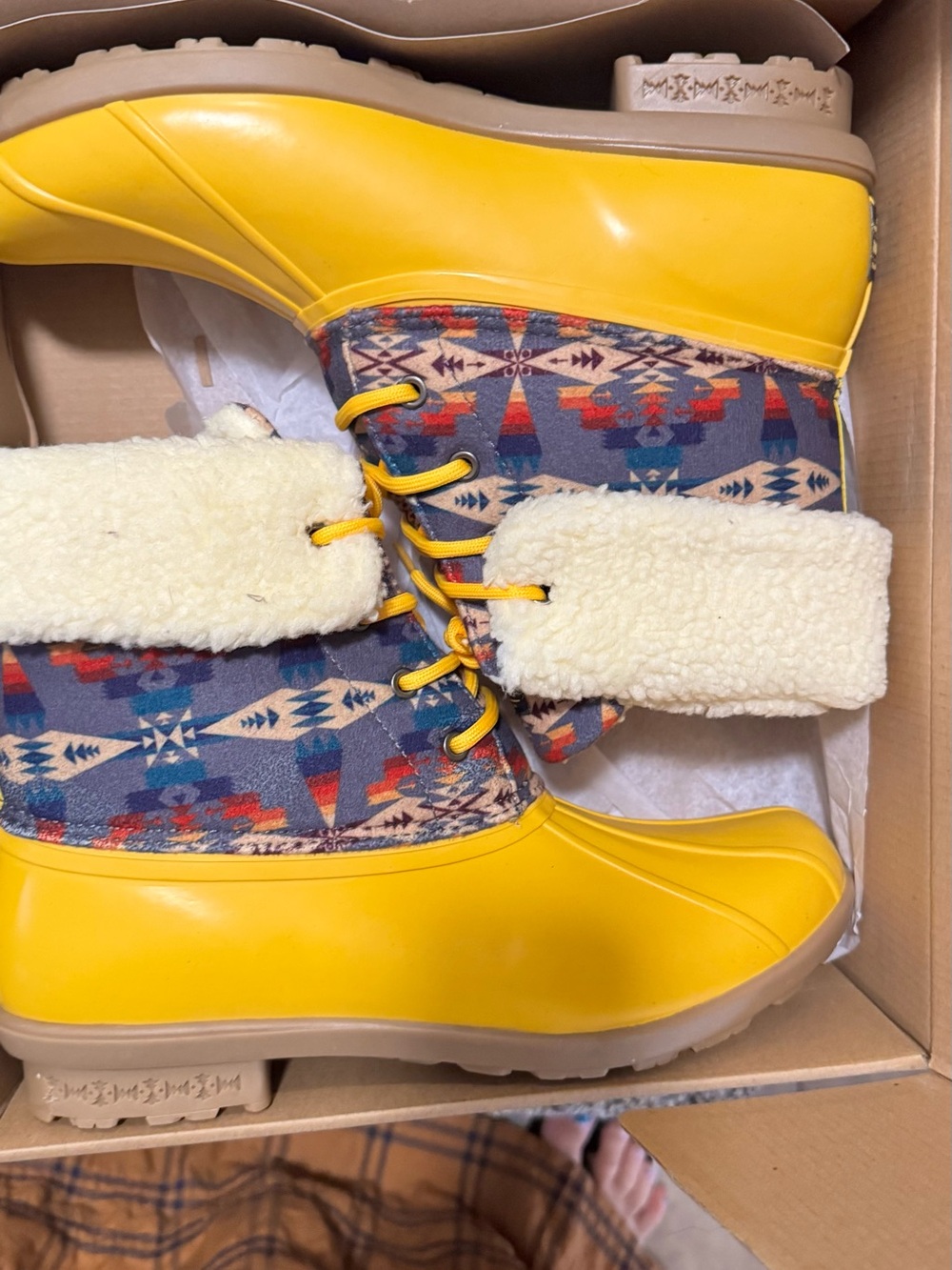 Pendleton Cream Shearling Lined Boot with Yellow and blue Accents